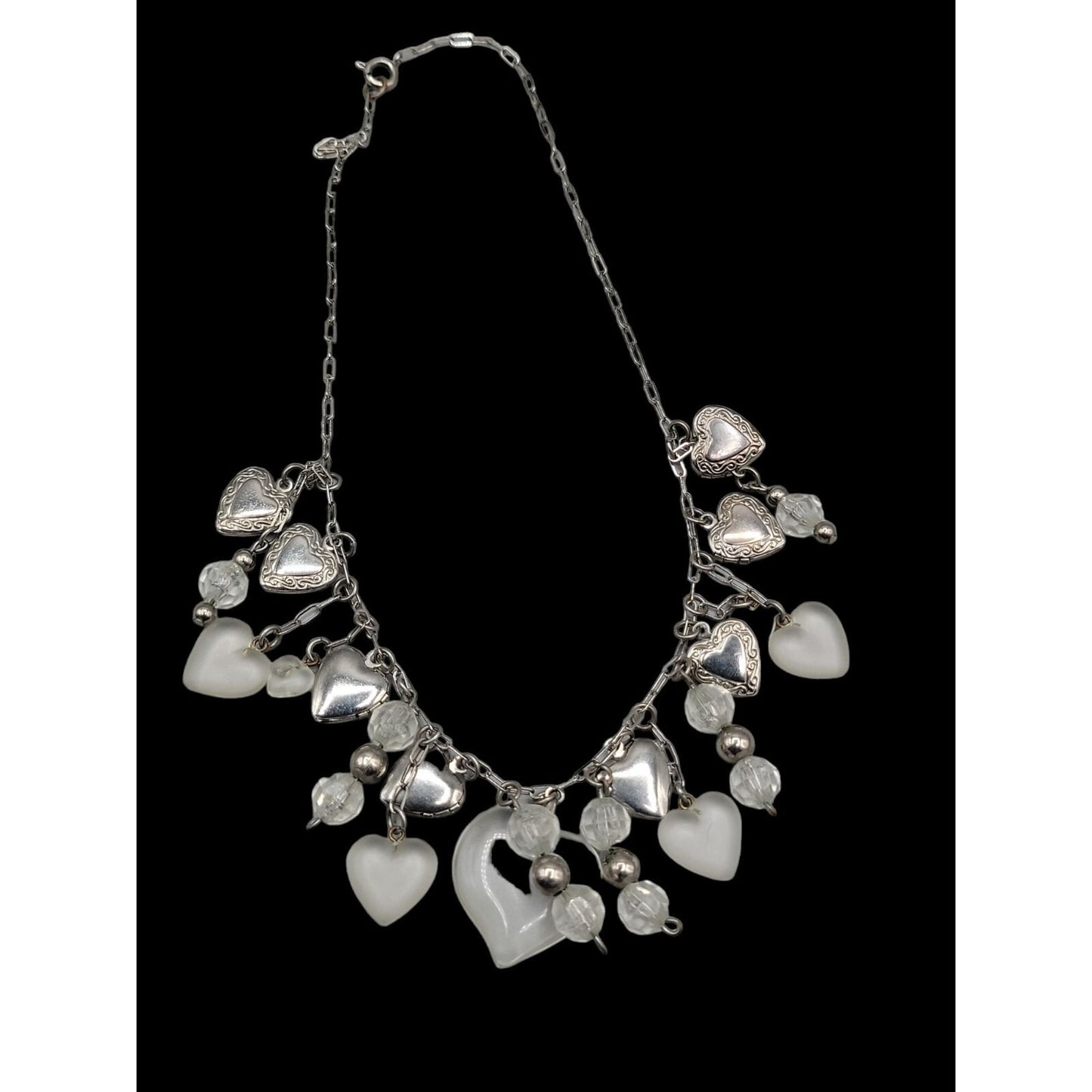 Love Choker Necklace 16" Frost Glass 8 Silver Plated Double Photo Locket Charms