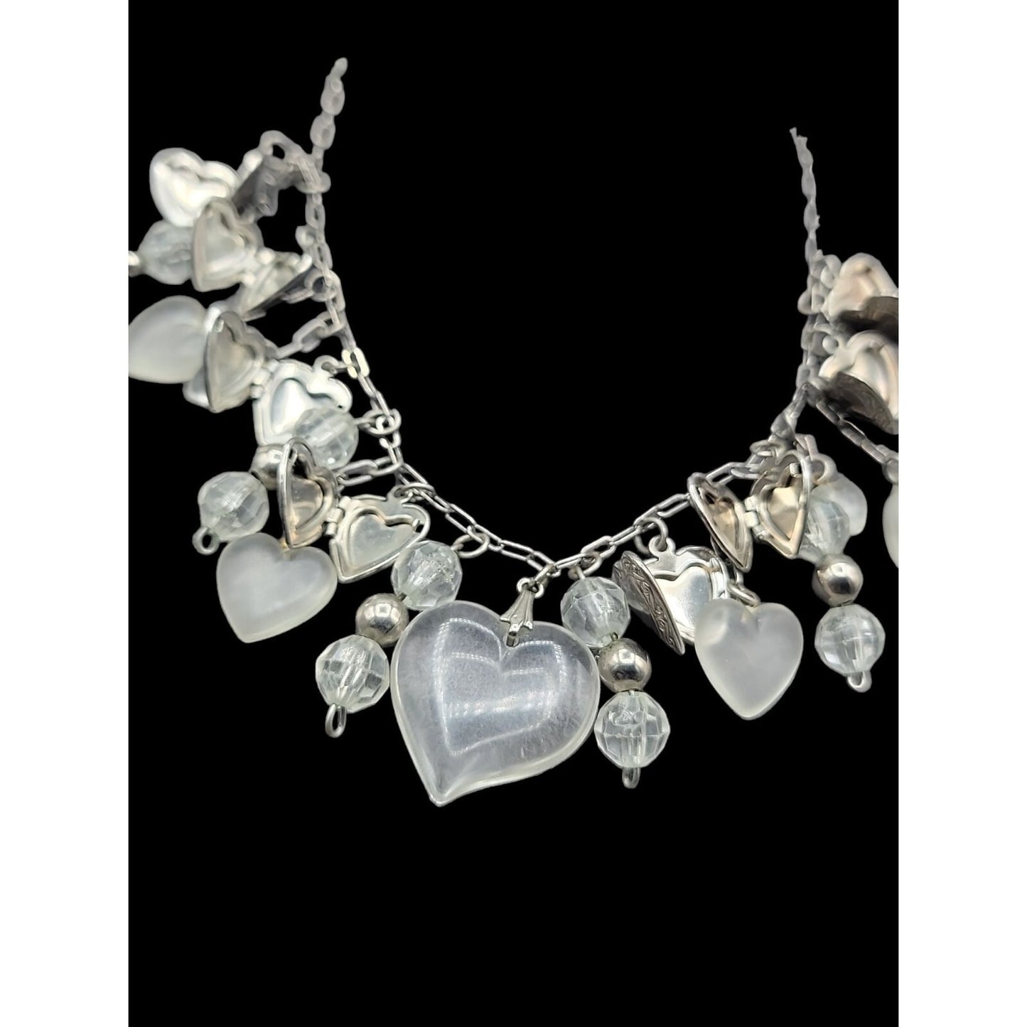 Love Choker Necklace 16" Frost Glass 8 Silver Plated Double Photo Locket Charms
