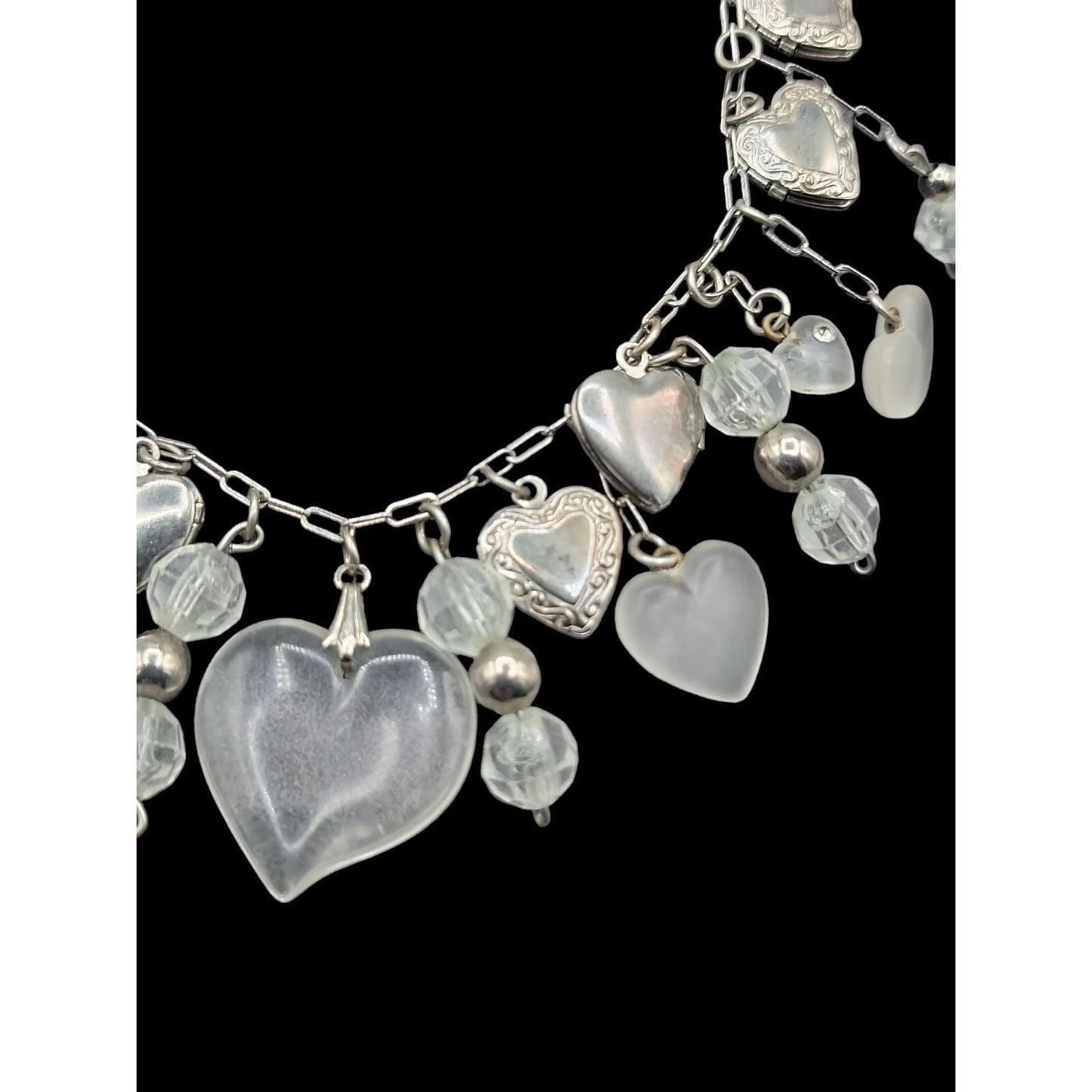 Love Choker Necklace 16" Frost Glass 8 Silver Plated Double Photo Locket Charms
