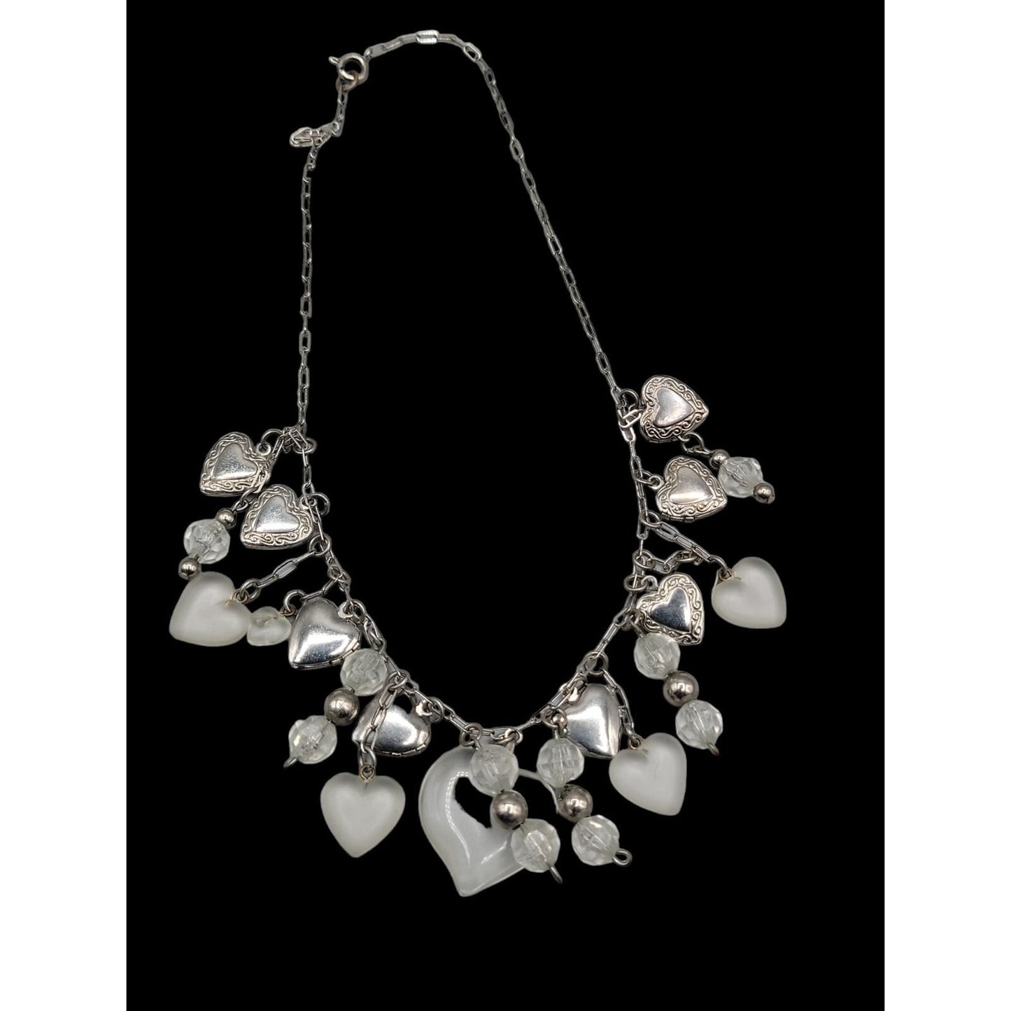 Love Choker Necklace 16" Frost Glass 8 Silver Plated Double Photo Locket Charms