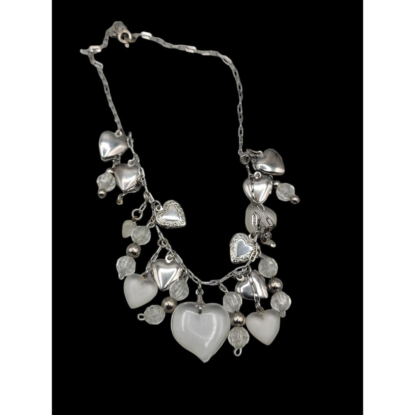 Love Choker Necklace 16" Frost Glass 8 Silver Plated Double Photo Locket Charms