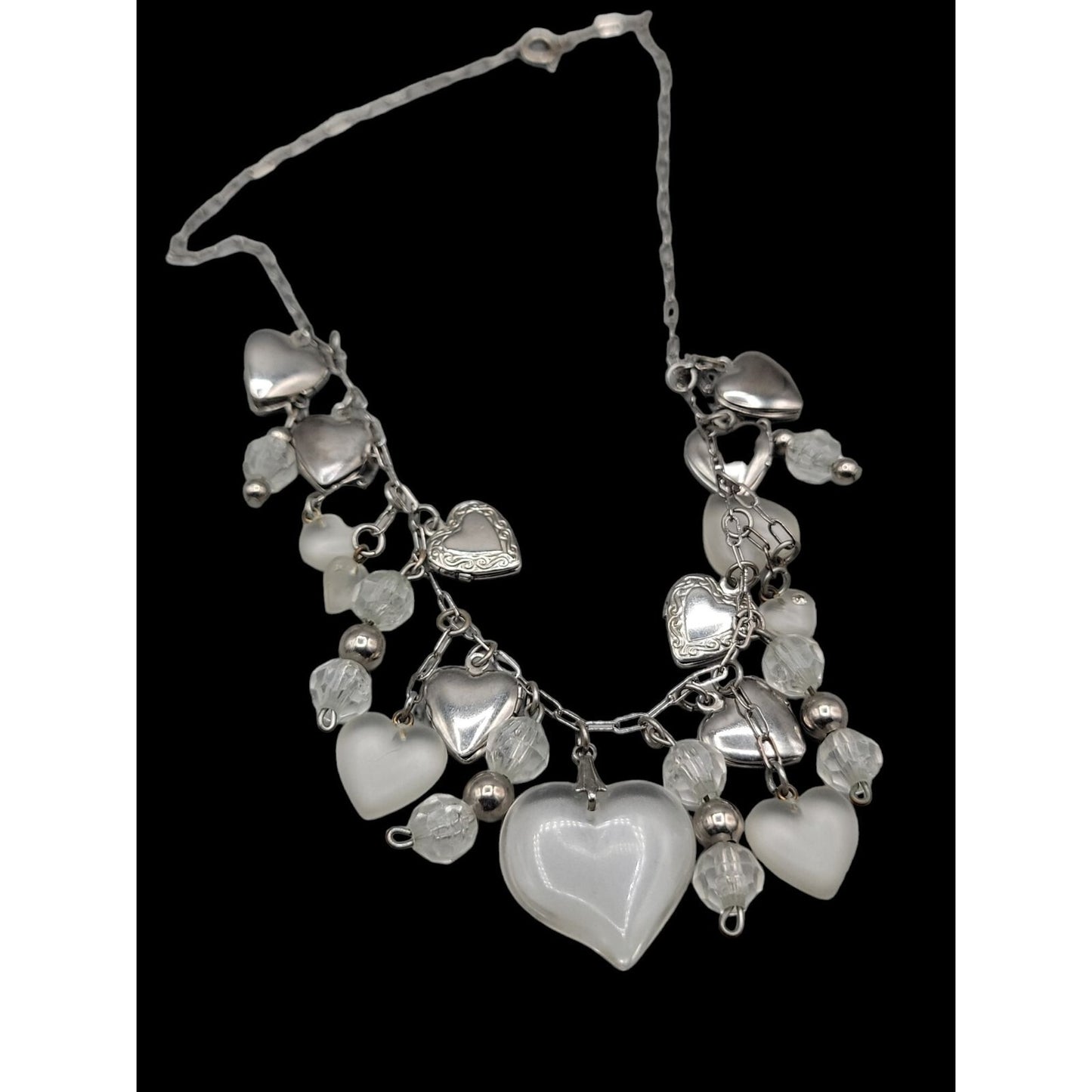 Love Choker Necklace 16" Frost Glass 8 Silver Plated Double Photo Locket Charms