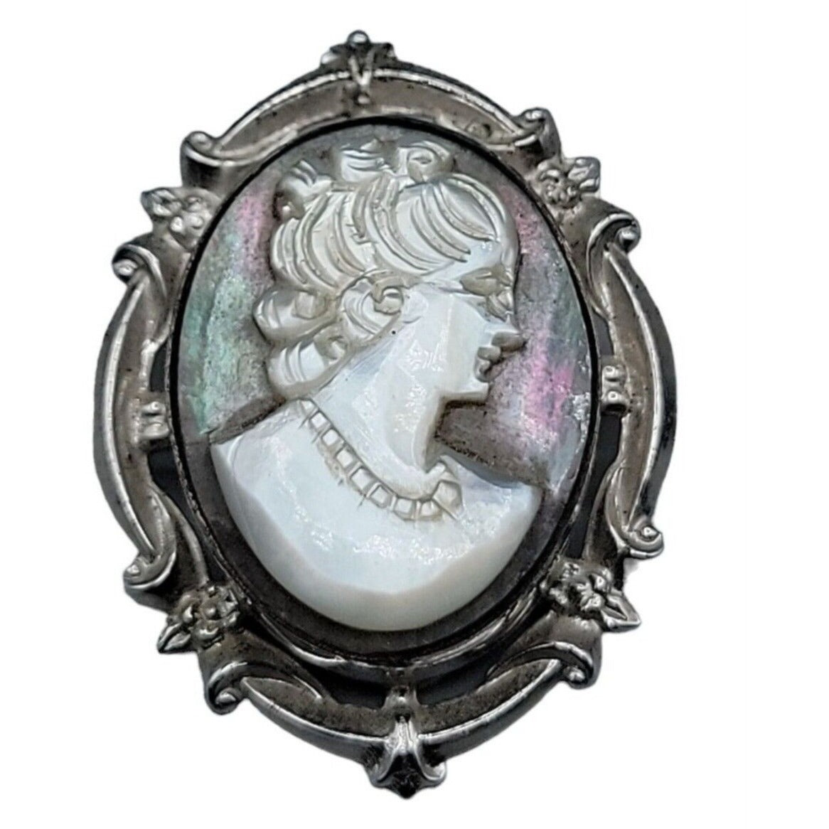 Curtis Creations Sterling Silver Abalone Mother of Pearl Cameo Brooch 1950s Rare