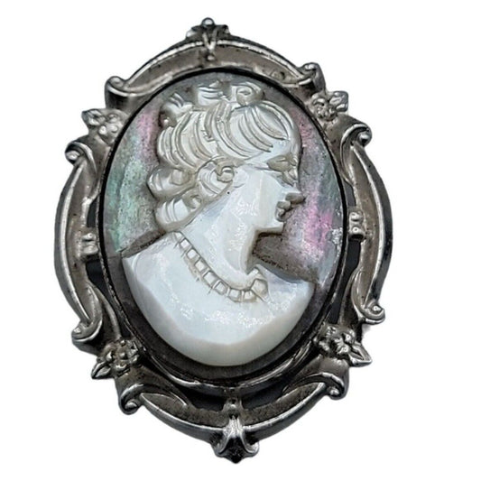 Curtis Creations Sterling Silver Abalone Mother of Pearl Cameo Brooch 1950s Rare