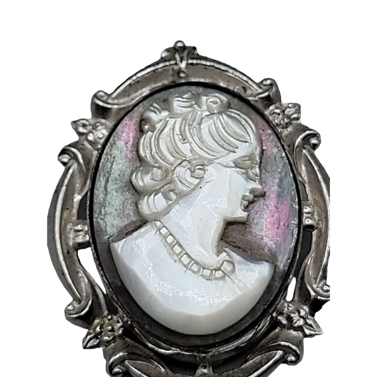Curtis Creations Sterling Silver Abalone Mother of Pearl Cameo Brooch 1950s Rare