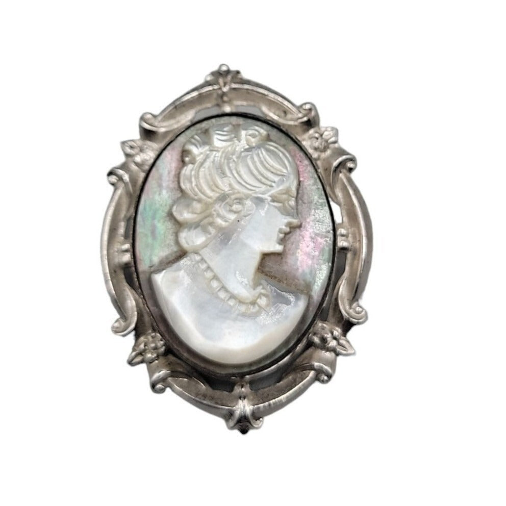Curtis Creations Sterling Silver Abalone Mother of Pearl Cameo Brooch 1950s Rare