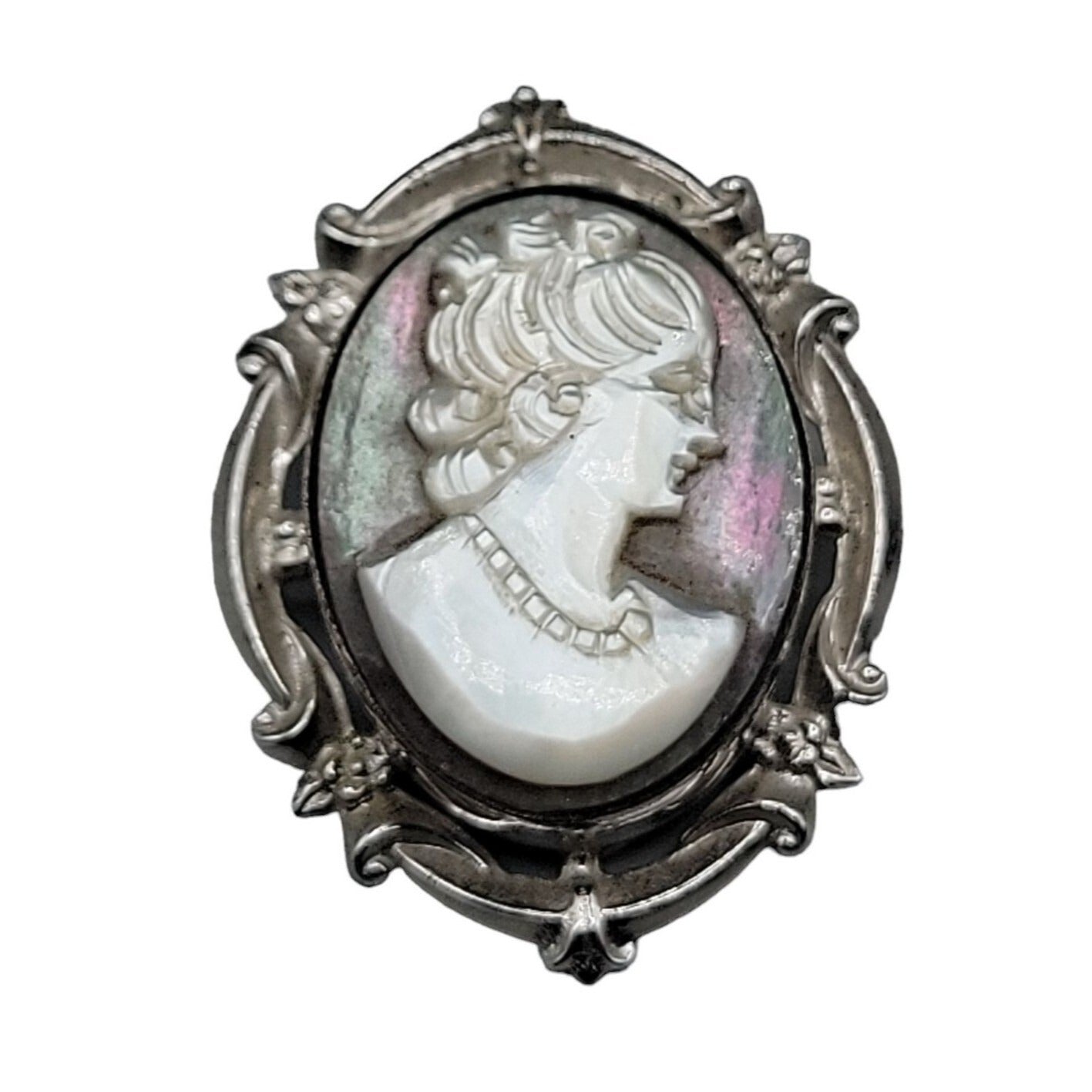 Curtis Creations Sterling Silver Abalone Mother of Pearl Cameo Brooch 1950s Rare