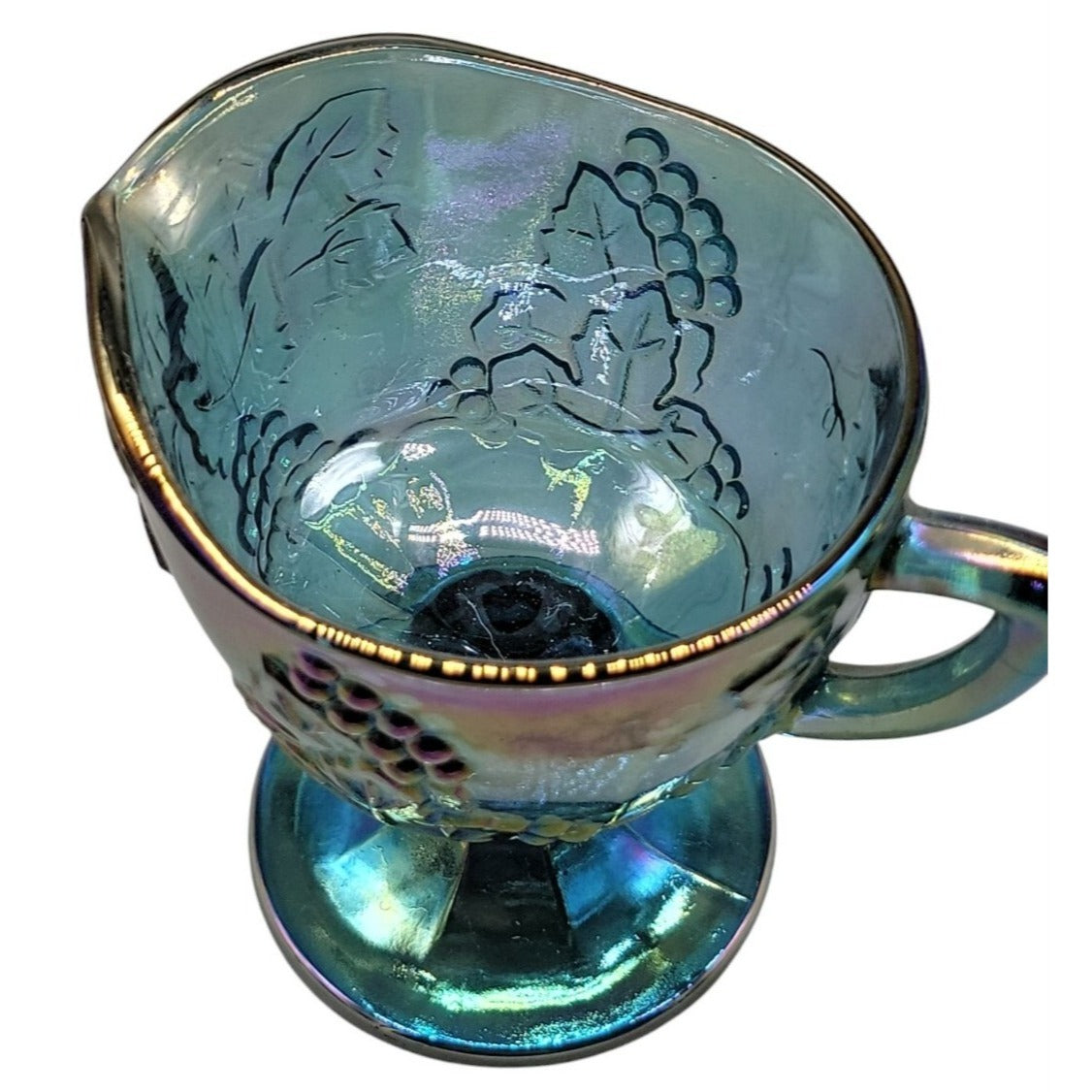 Vtg Colony Indiana Glass Blue Carnival Glass Harvest Grape Footed Creamer 1970s