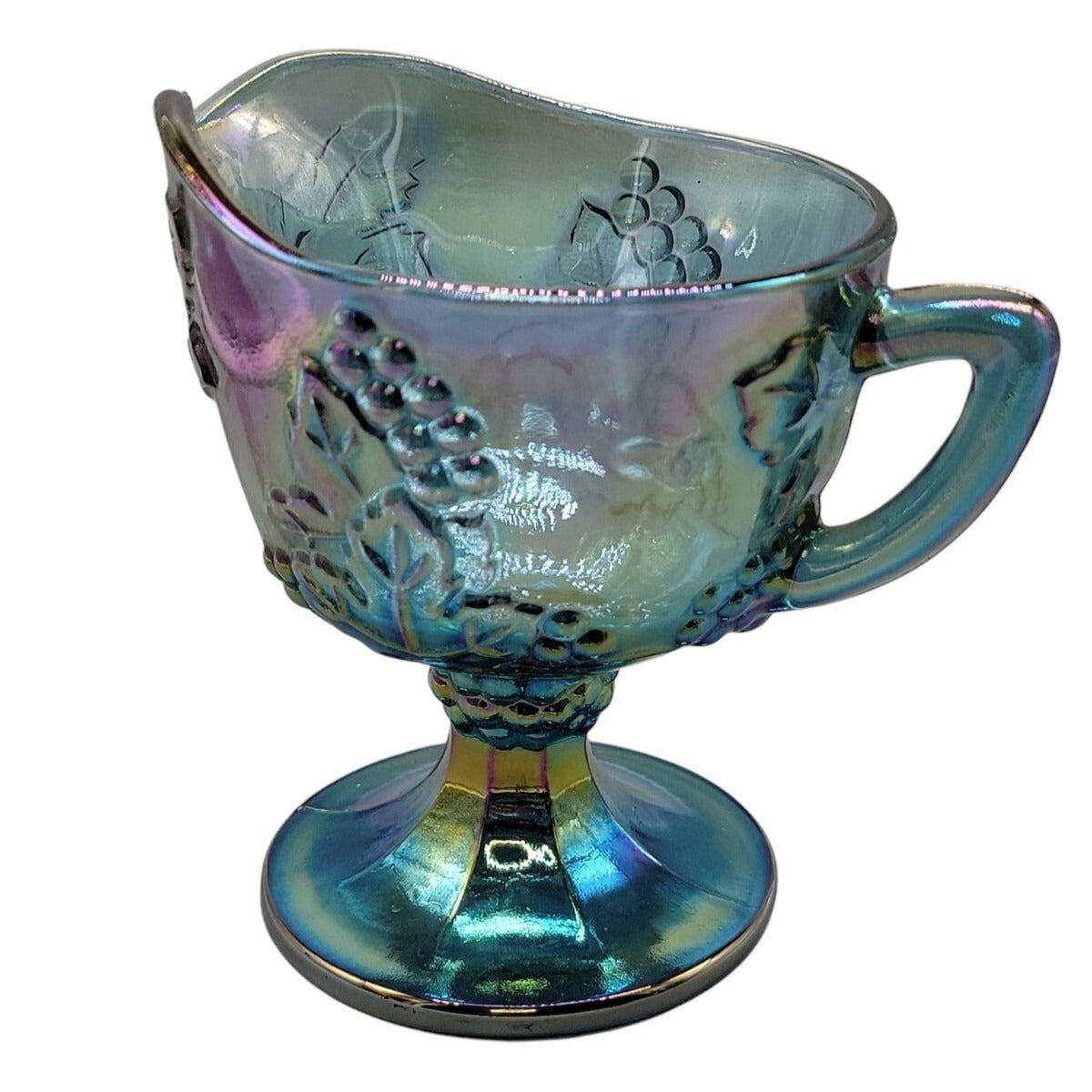 Vtg Colony Indiana Glass Blue Carnival Glass Harvest Grape Footed Creamer 1970s