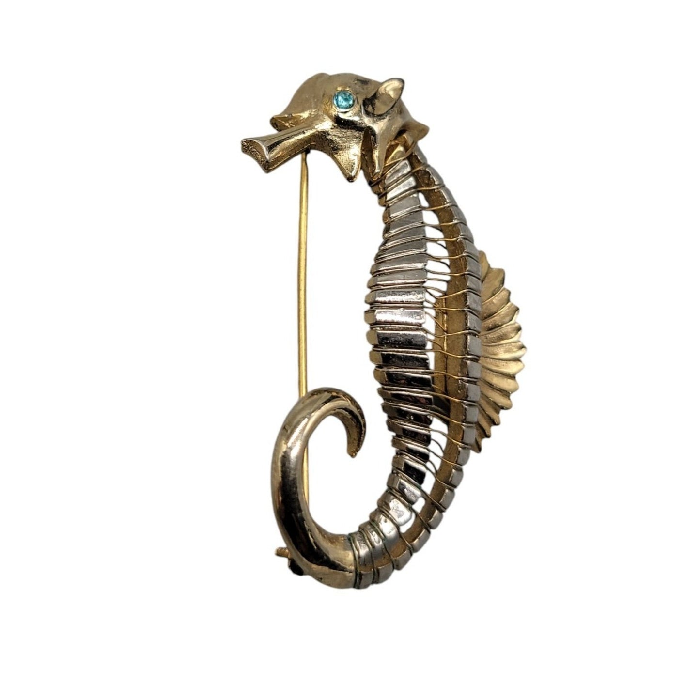 Seahorse Brooch Silver & Gold Tone Blue Rhinestone Eye Vintage Nautical Piece