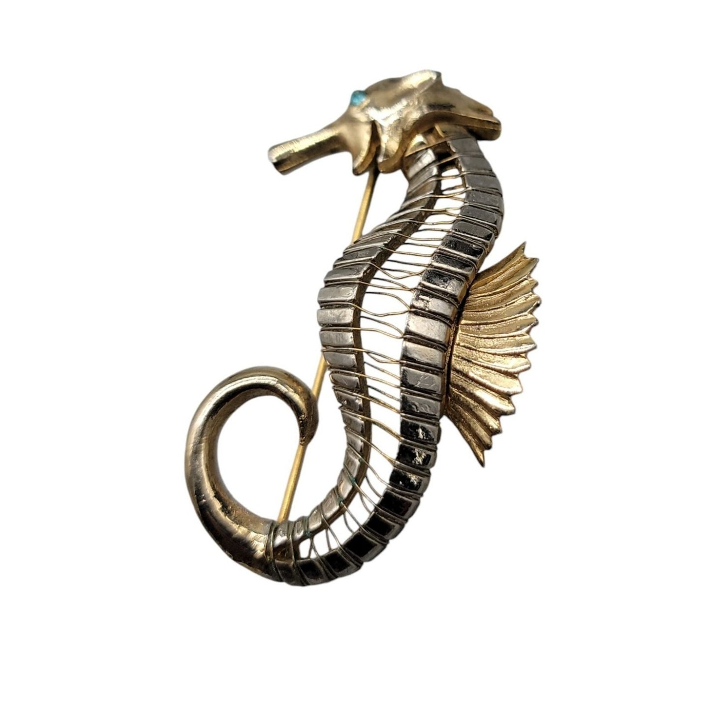 Seahorse Brooch Silver & Gold Tone Blue Rhinestone Eye Vintage Nautical Piece