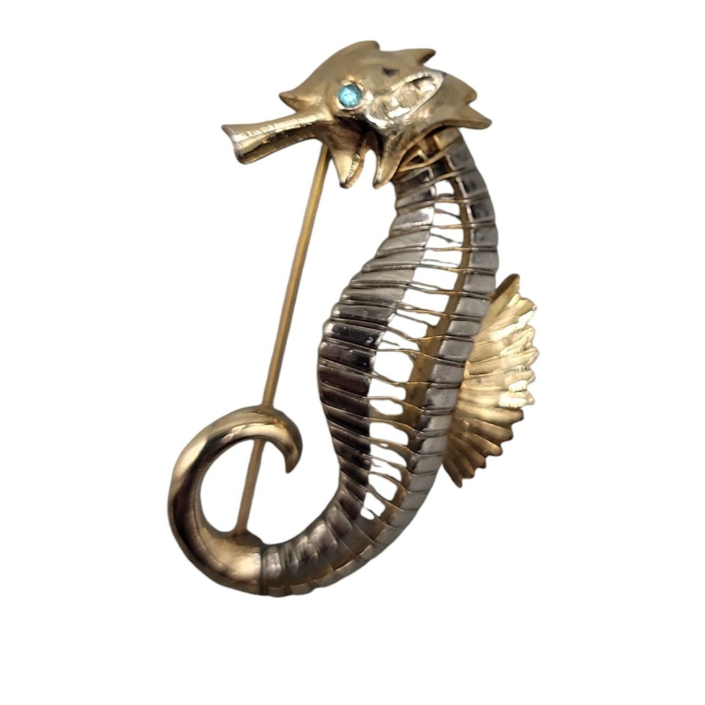 Seahorse Brooch Silver & Gold Tone Blue Rhinestone Eye Vintage Nautical Piece