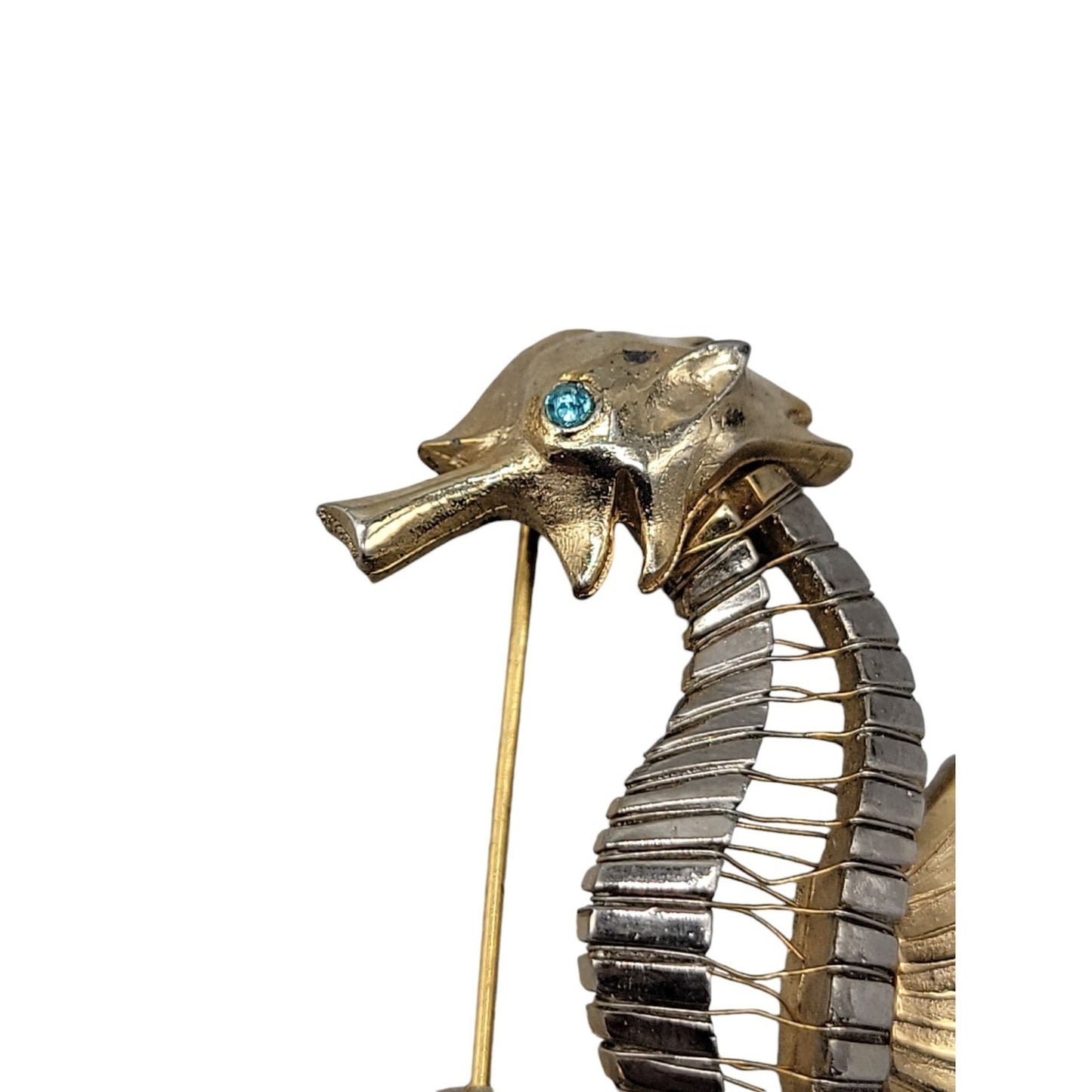 Seahorse Brooch Silver & Gold Tone Blue Rhinestone Eye Vintage Nautical Piece