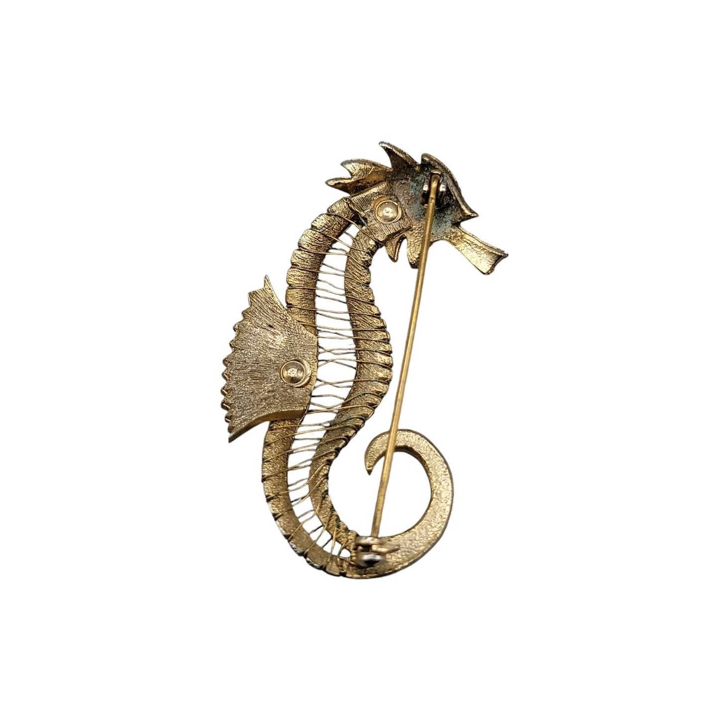 Seahorse Brooch Silver & Gold Tone Blue Rhinestone Eye Vintage Nautical Piece