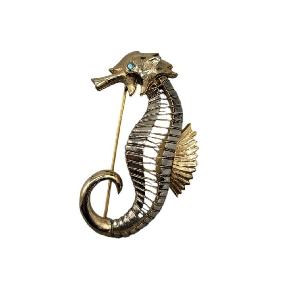 Seahorse Brooch Silver & Gold Tone Blue Rhinestone Eye Vintage Nautical Piece