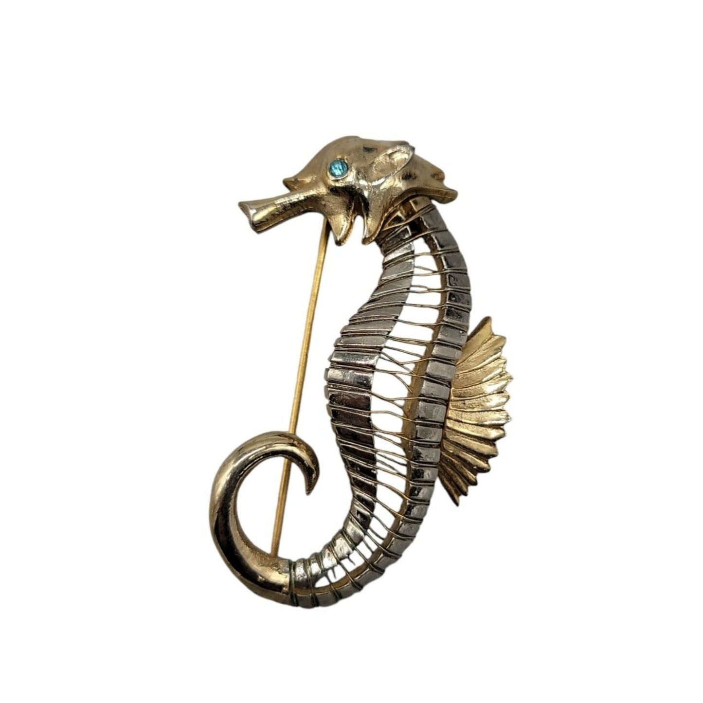 Seahorse Brooch Silver & Gold Tone Blue Rhinestone Eye Vintage Nautical Piece