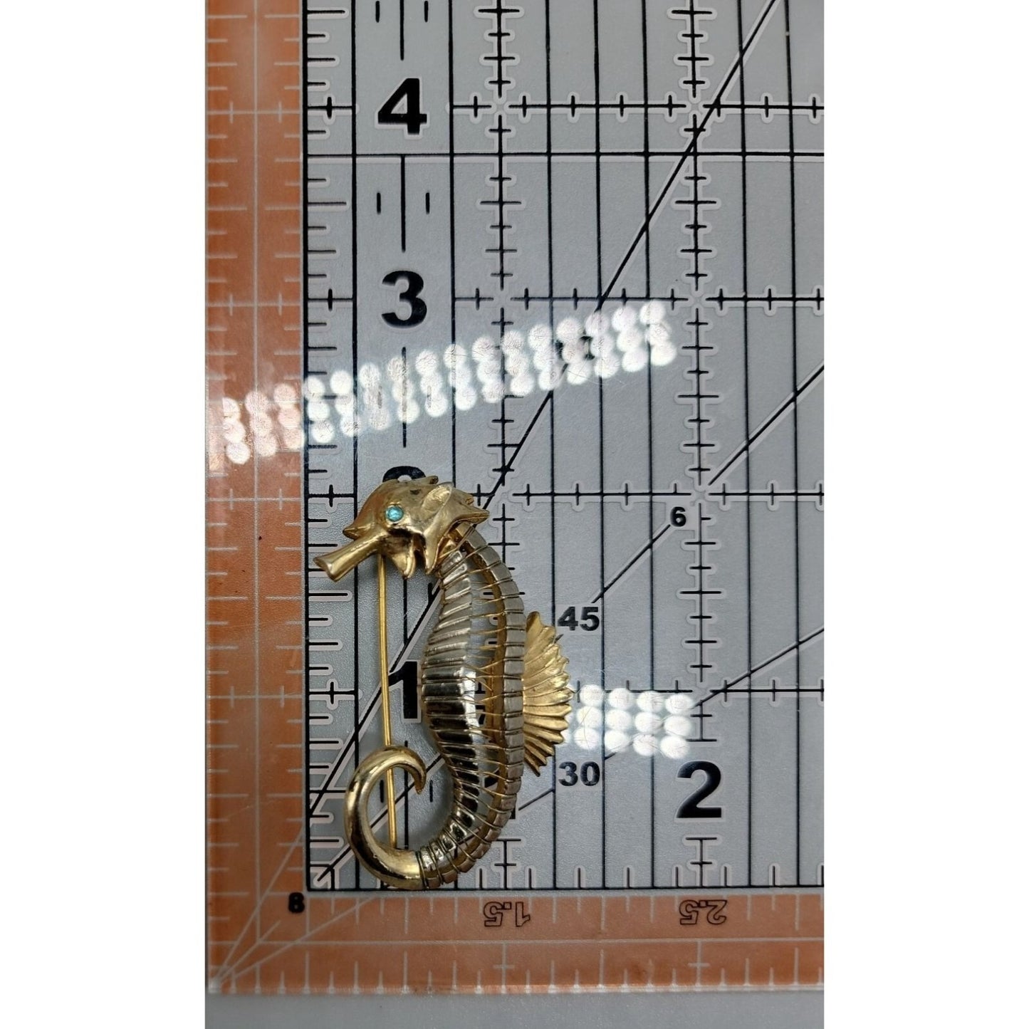 Seahorse Brooch Silver & Gold Tone Blue Rhinestone Eye Vintage Nautical Piece