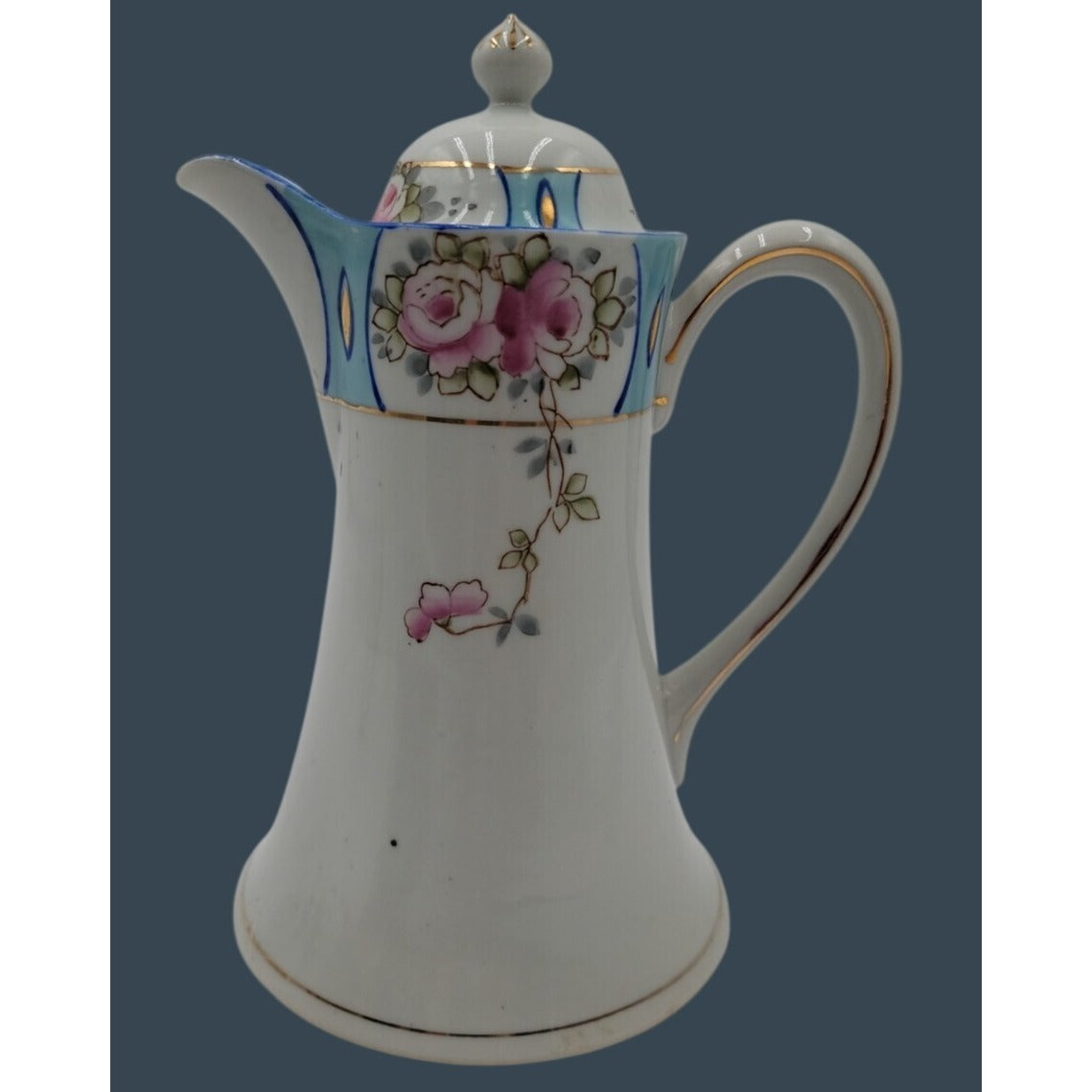 Antique Royal Crown Kinran Nippon Porcelain Coffee Pot Hand-Painted Roses 8"