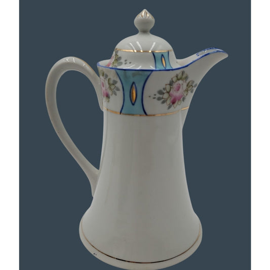 Antique Royal Crown Kinran Nippon Porcelain Coffee Pot Hand-Painted Roses 8"