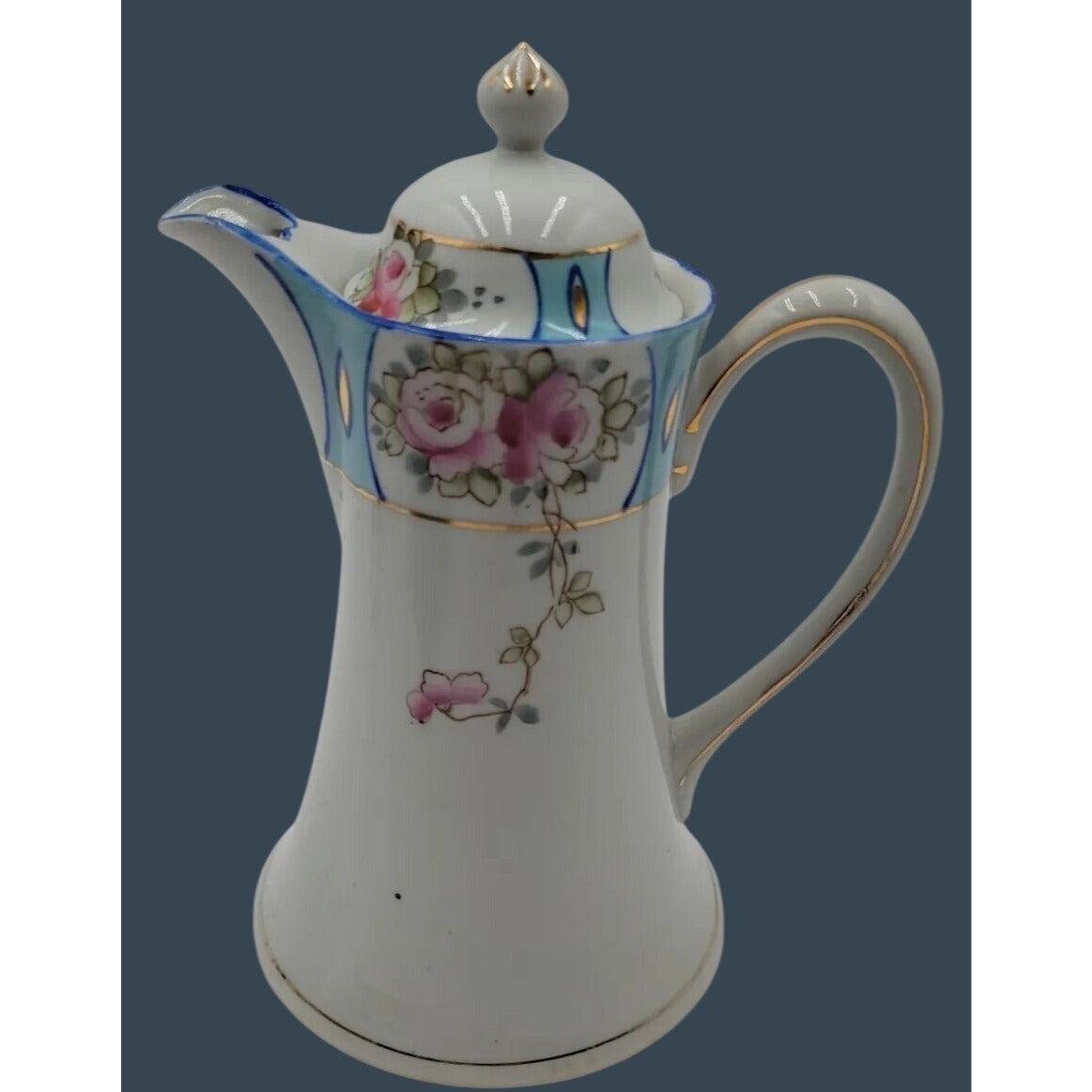 Antique Royal Crown Kinran Nippon Porcelain Coffee Pot Hand-Painted Roses 8"