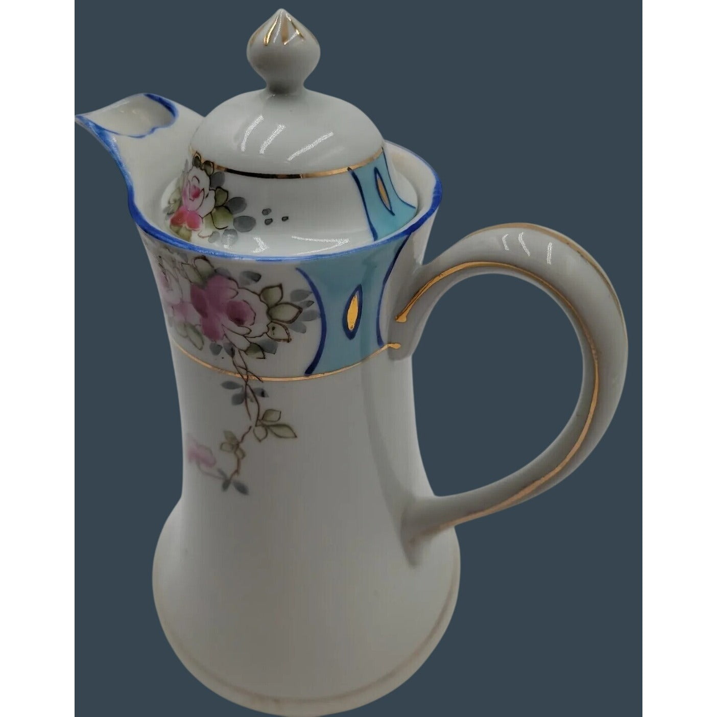 Antique Royal Crown Kinran Nippon Porcelain Coffee Pot Hand-Painted Roses 8"