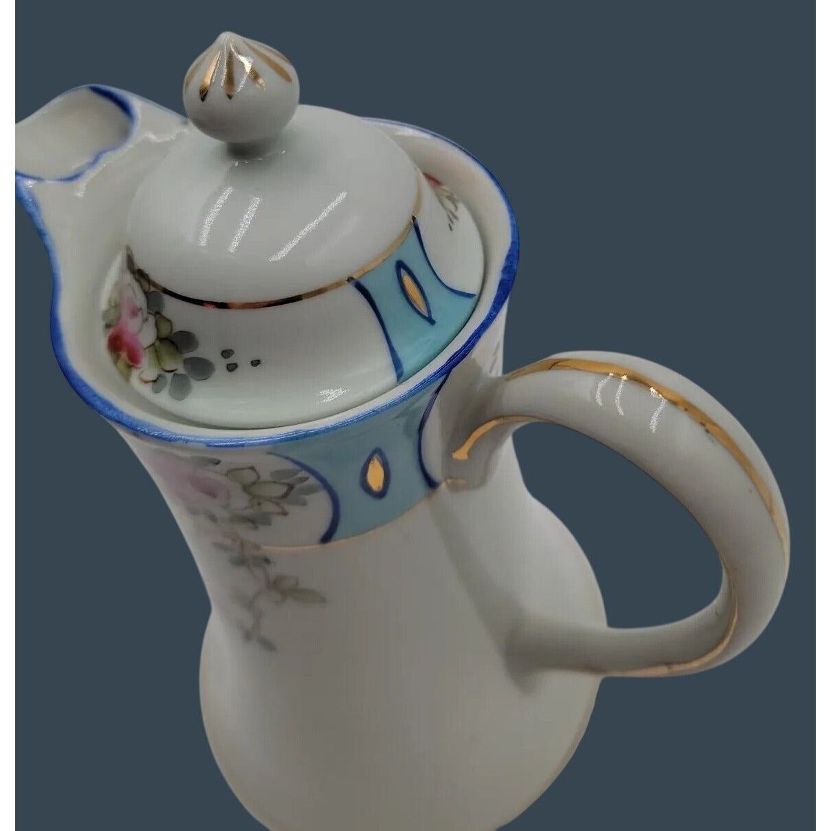 Antique Royal Crown Kinran Nippon Porcelain Coffee Pot Hand-Painted Roses 8"