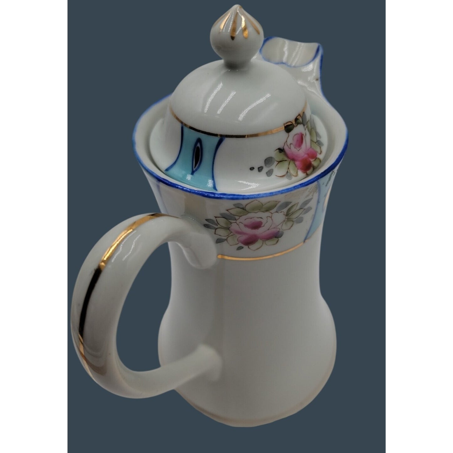 Antique Royal Crown Kinran Nippon Porcelain Coffee Pot Hand-Painted Roses 8"