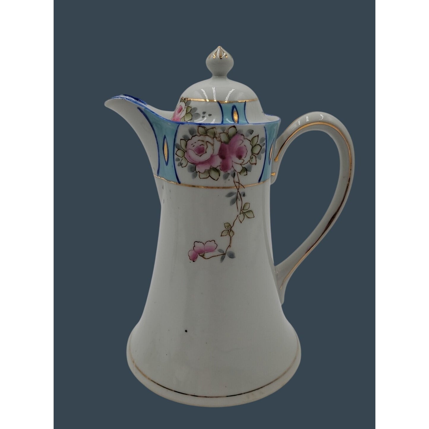 Antique Royal Crown Kinran Nippon Porcelain Coffee Pot Hand-Painted Roses 8"