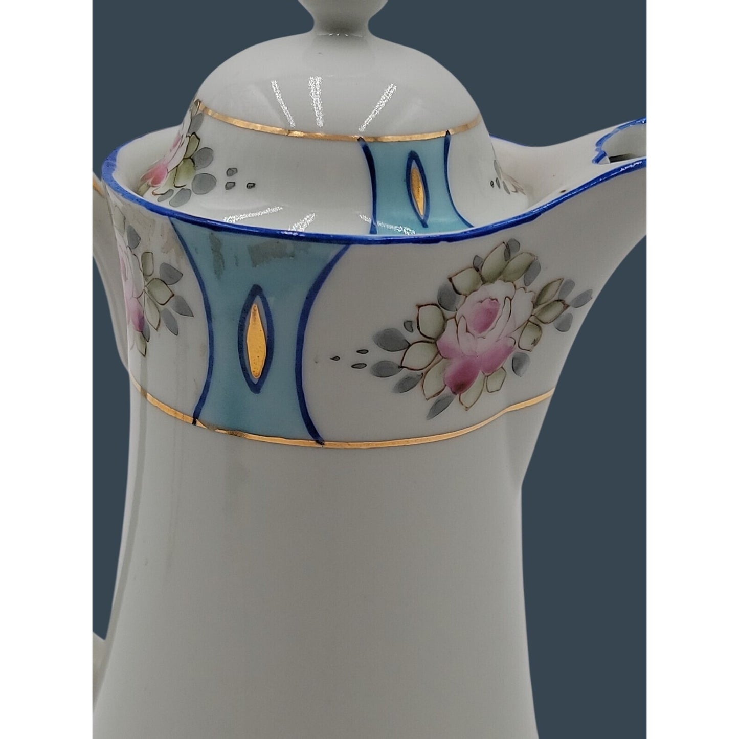 Antique Royal Crown Kinran Nippon Porcelain Coffee Pot Hand-Painted Roses 8"