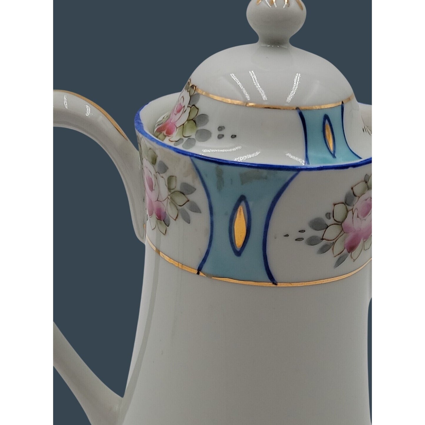 Antique Royal Crown Kinran Nippon Porcelain Coffee Pot Hand-Painted Roses 8"