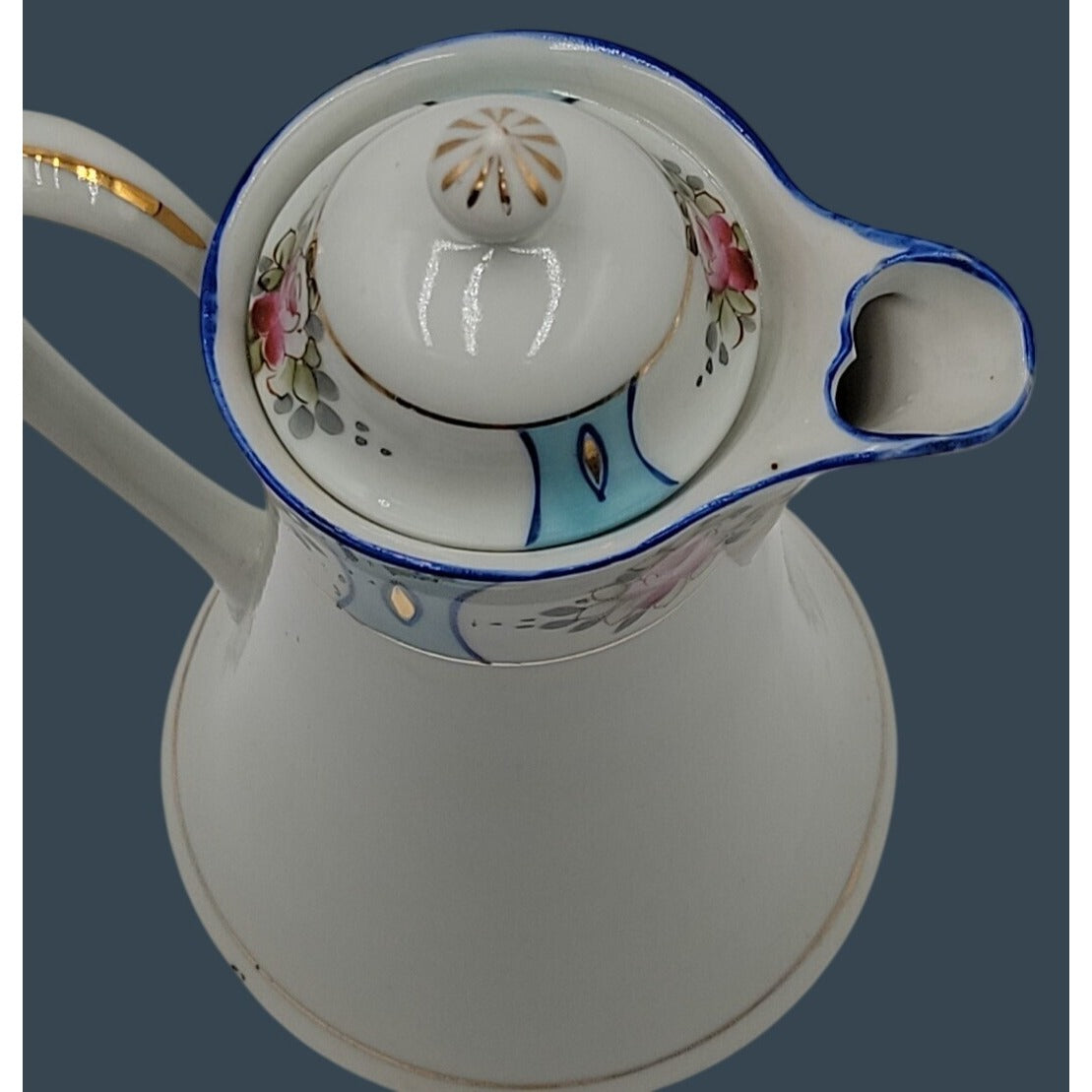 Antique Royal Crown Kinran Nippon Porcelain Coffee Pot Hand-Painted Roses 8"