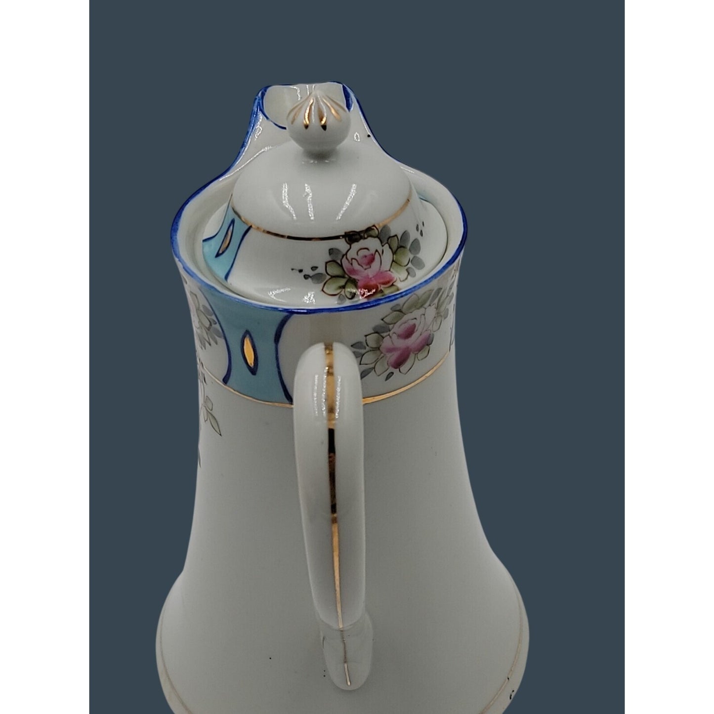 Antique Royal Crown Kinran Nippon Porcelain Coffee Pot Hand-Painted Roses 8"