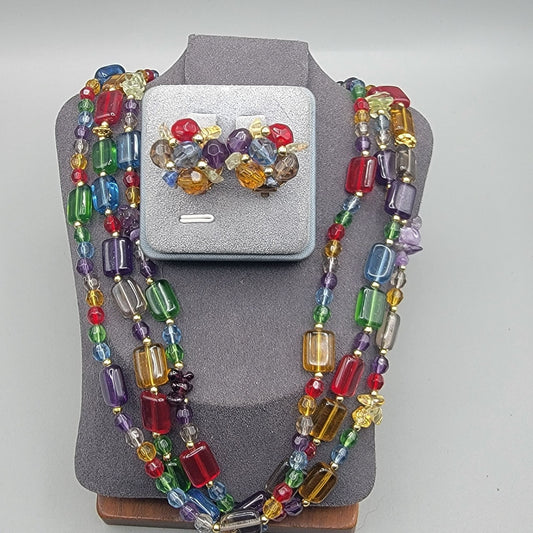 Cut & Chunky Crystal & Rhinestone Multistrand Necklace 21" & Clip On Earrings