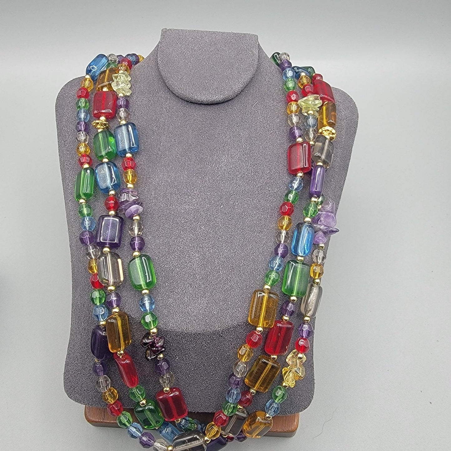 Cut & Chunky Crystal & Rhinestone Multistrand Necklace 21" & Clip On Earrings