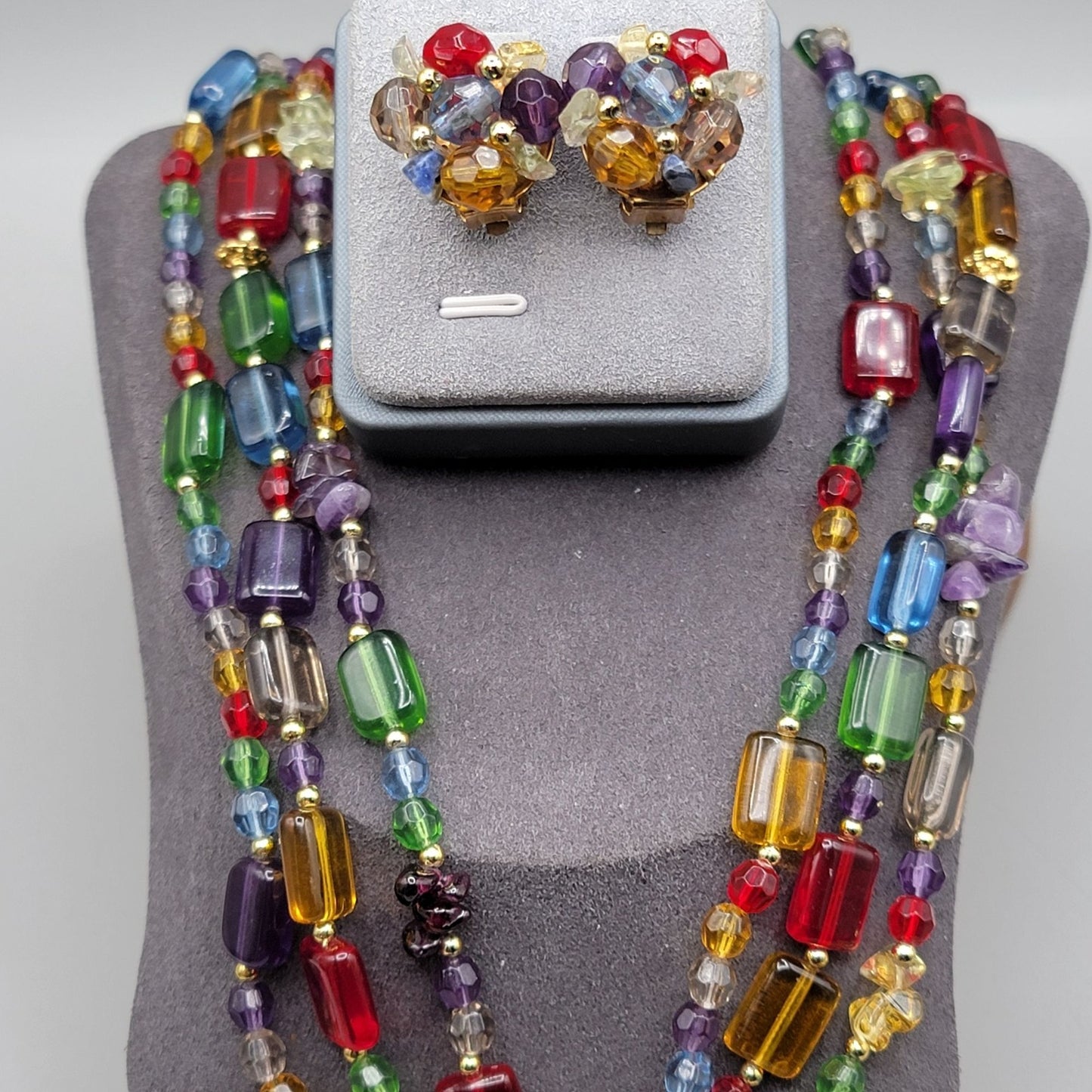 Cut & Chunky Crystal & Rhinestone Multistrand Necklace 21" & Clip On Earrings