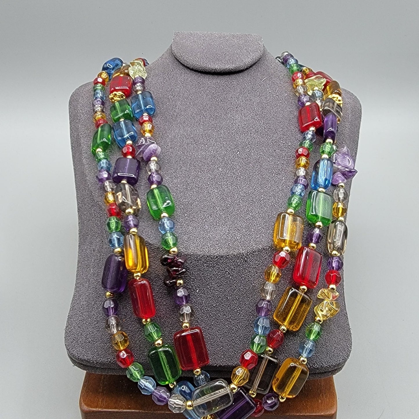 Cut & Chunky Crystal & Rhinestone Multistrand Necklace 21" & Clip On Earrings