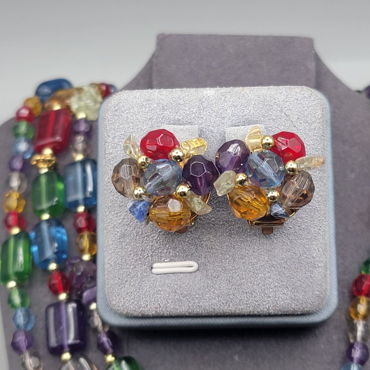 Cut & Chunky Crystal & Rhinestone Multistrand Necklace 21" & Clip On Earrings