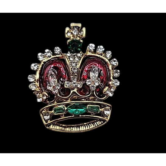 Jeweled & Enamel Crown Brooch Pin Gold Tone Elegant Estate Jewelry