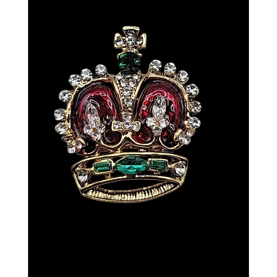 Jeweled & Enamel Crown Brooch Pin Gold Tone Elegant Estate Jewelry