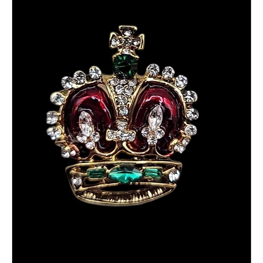Jeweled & Enamel Crown Brooch Pin Gold Tone Elegant Estate Jewelry