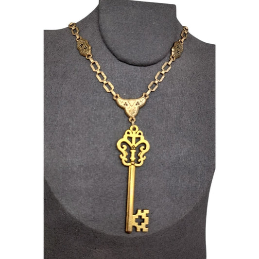 Antique Y Drop Skeleton Key Pendant Necklace 15" Etched Book Chain Gold Tone