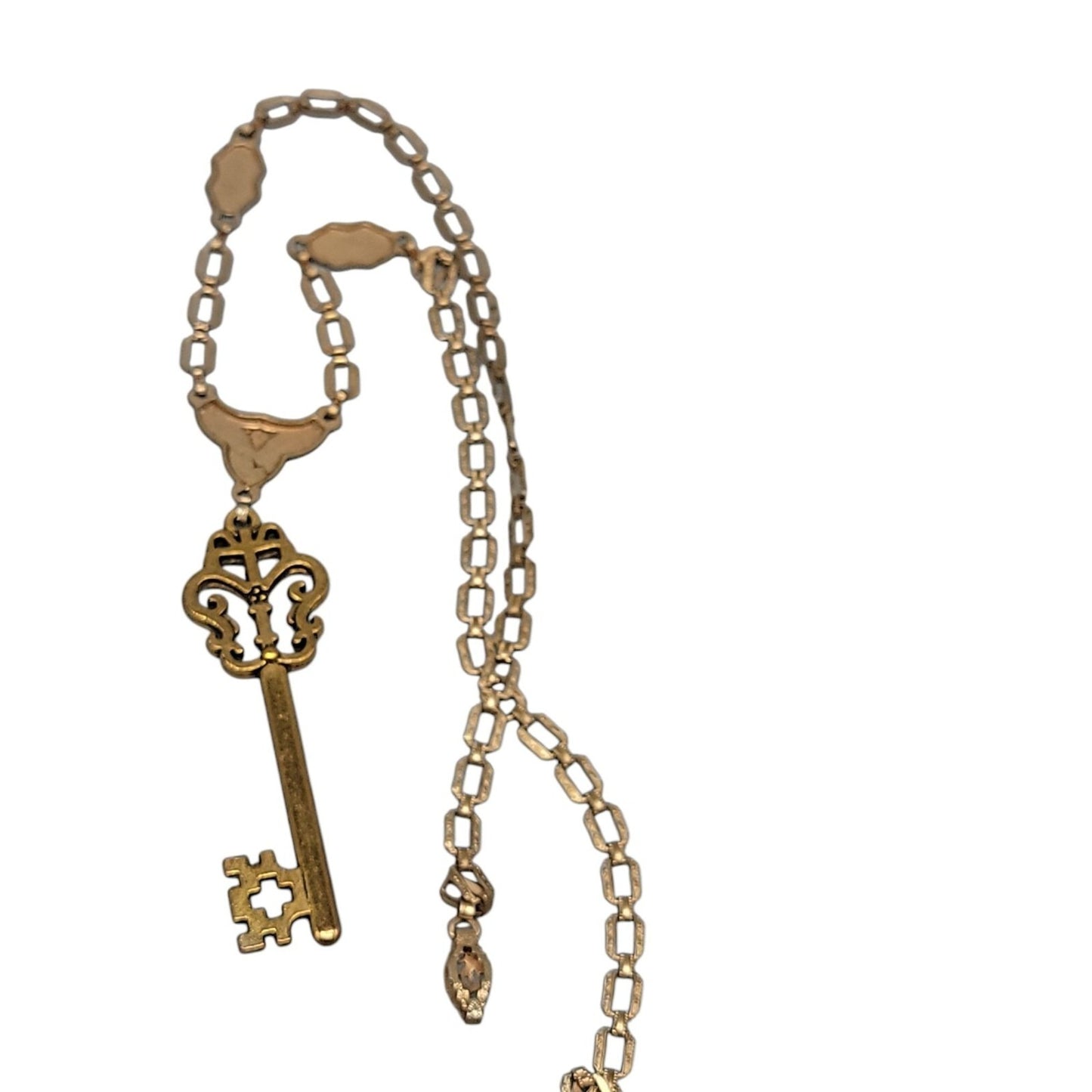 Antique Y Drop Skeleton Key Pendant Necklace 15" Etched Book Chain Gold Tone