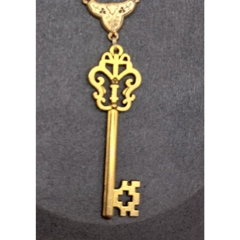 Antique Y Drop Skeleton Key Pendant Necklace 15" Etched Book Chain Gold Tone