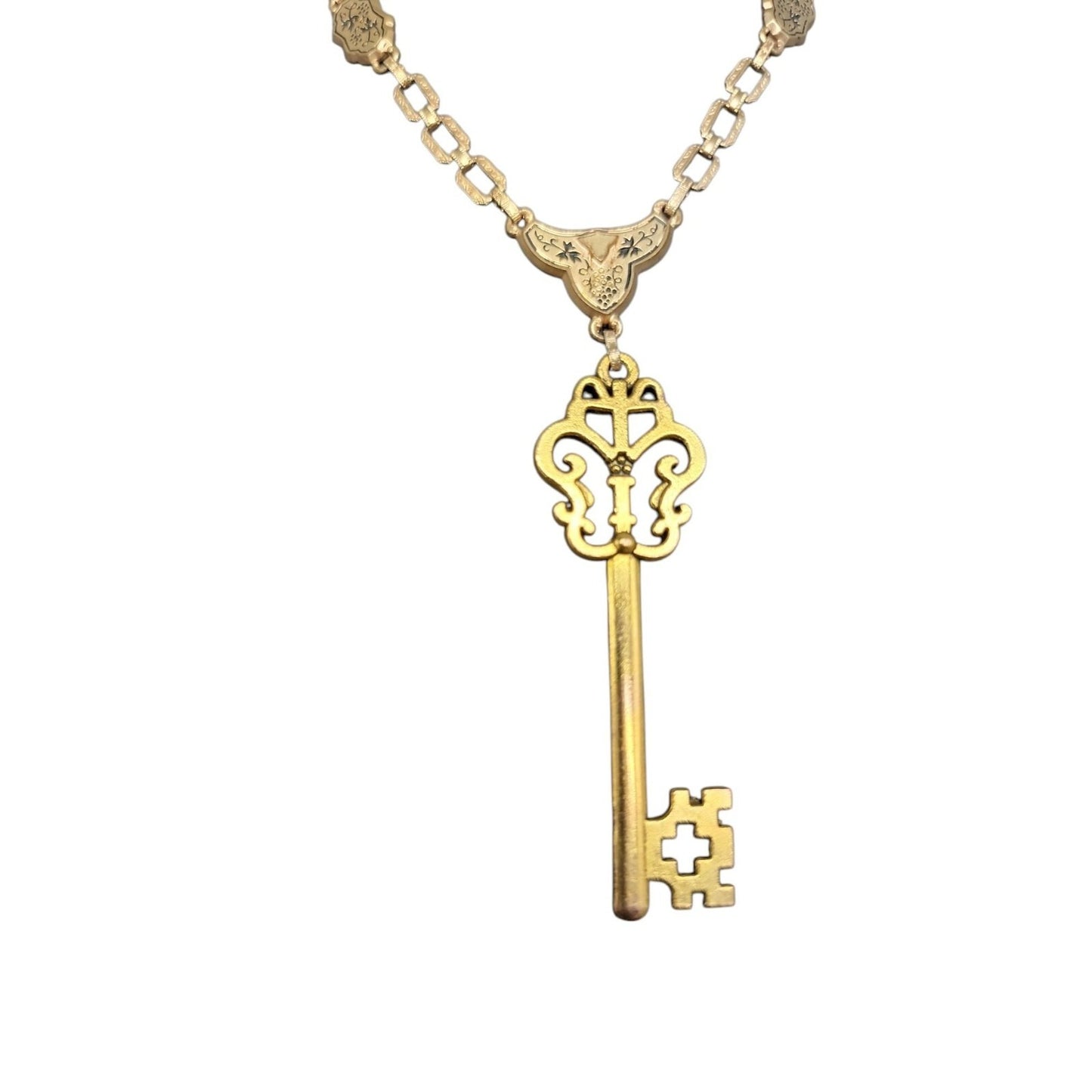 Antique Y Drop Skeleton Key Pendant Necklace 15" Etched Book Chain Gold Tone