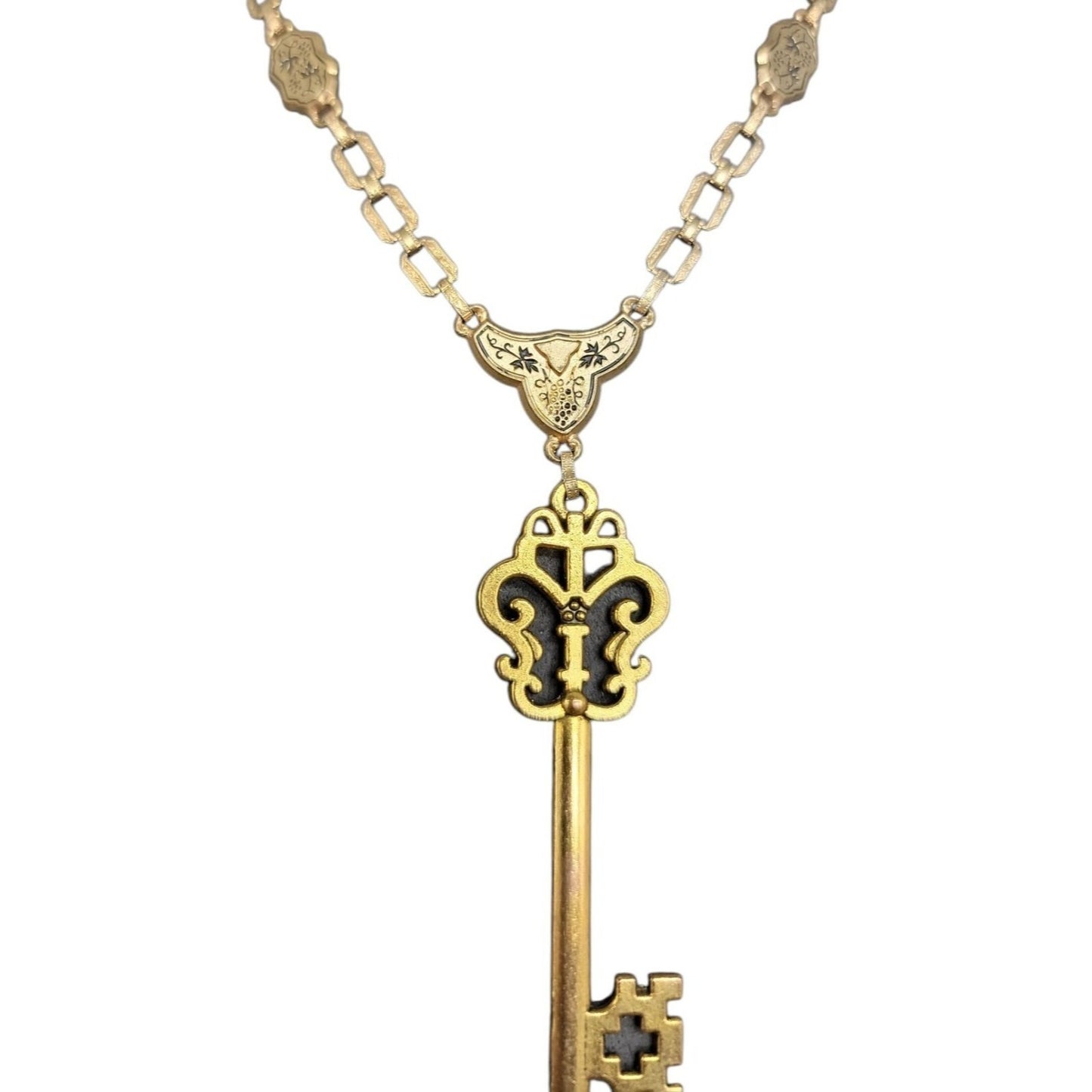 Antique Y Drop Skeleton Key Pendant Necklace 15" Etched Book Chain Gold Tone