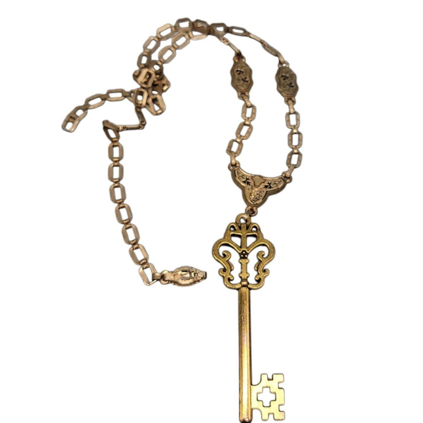 Antique Y Drop Skeleton Key Pendant Necklace 15" Etched Book Chain Gold Tone