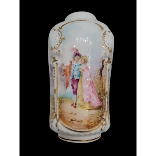 Antique Rocco Revival Style Vase Beautiful Victorian Scene Lovers Gold Trim 5.75"