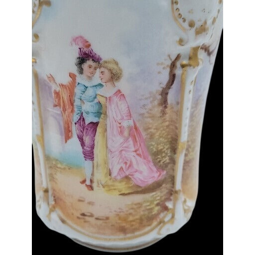 Antique Rocco Revival Style Vase Beautiful Victorian Scene Lovers Gold Trim 5.75"