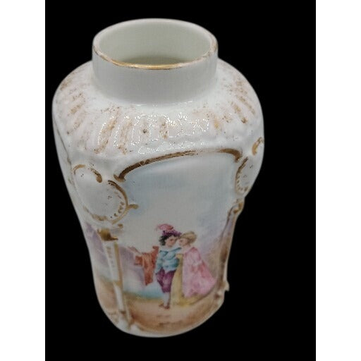 Antique Rocco Revival Style Vase Beautiful Victorian Scene Lovers Gold Trim 5.75"