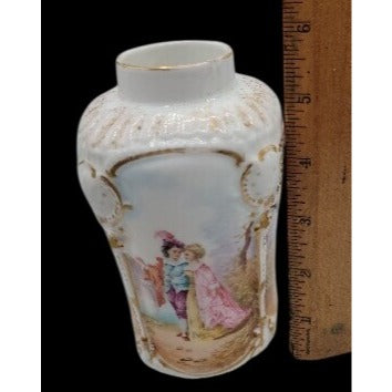 Antique Rocco Revival Style Vase Beautiful Victorian Scene Lovers Gold Trim 5.75"